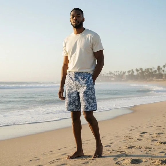 Fendi FF Logo Linen Shorts Mens Bermuda Blue White IT 52 FB0821 AR62 - Picture 1 of 15